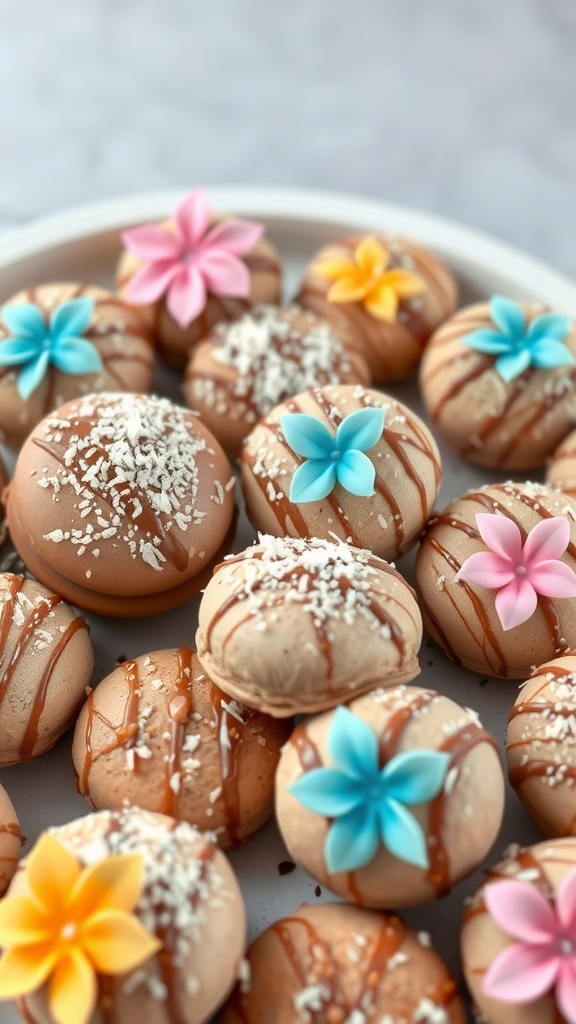 A plate of Chocolate Coconut Macaroons decorated with colorful flowers and drizzled chocolate.