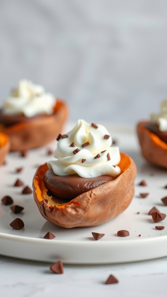 Chocolate dessert potato skins topped with whipped cream and chocolate chips