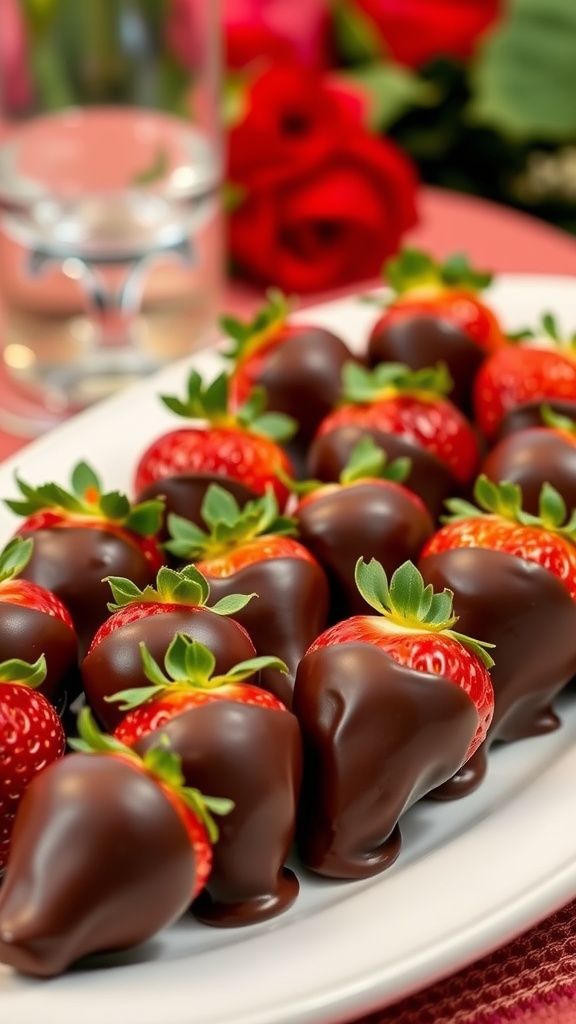 Chocolate dipped strawberries on a plate, perfect for a dessert or birthday celebration.