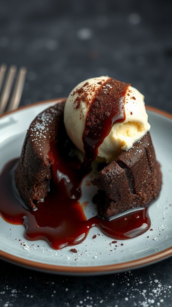 A decadent chocolate fondant dessert served with ice cream and chocolate sauce.