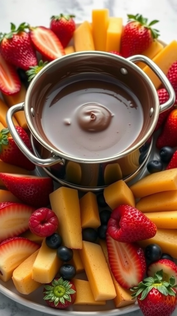 Chocolate fondue with fresh fruit including strawberries, blueberries, and apple slices.