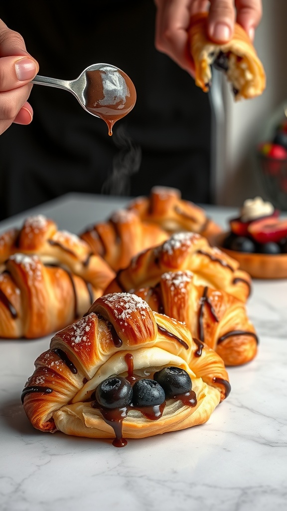 Delicious chocolate hazelnut croissants with a flaky texture and chocolate drizzle.