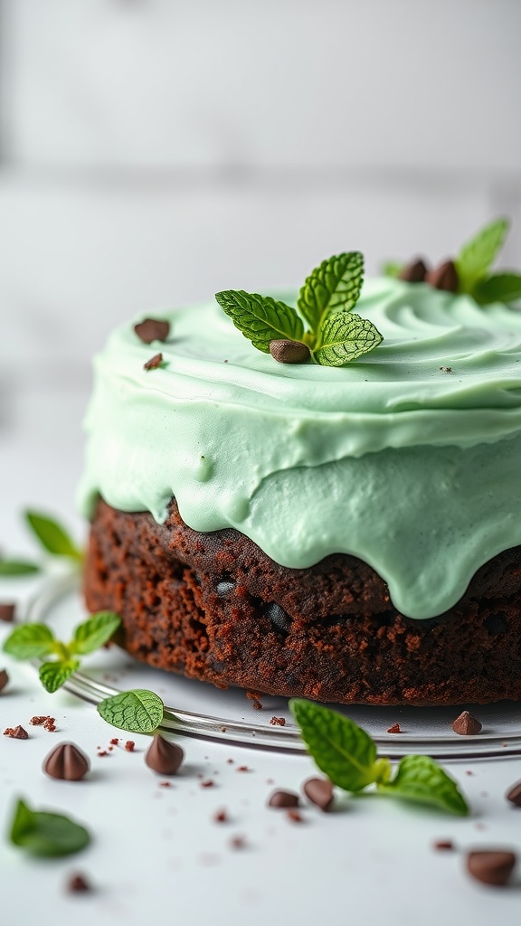 A delicious chocolate mint cake topped with mint-flavored frosting and chocolate chips.