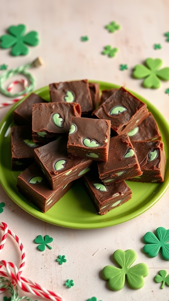 A plate of chocolate mint fudge squares with green decorations for St. Patrick's Day.