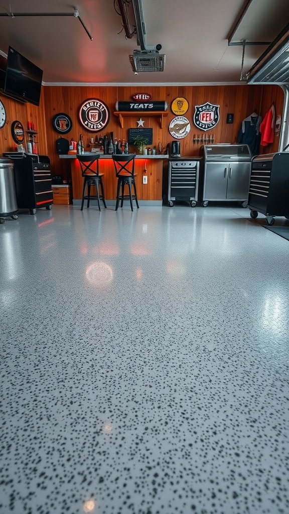 A stylish garage bar with a slip-resistant epoxy floor and bar stools.