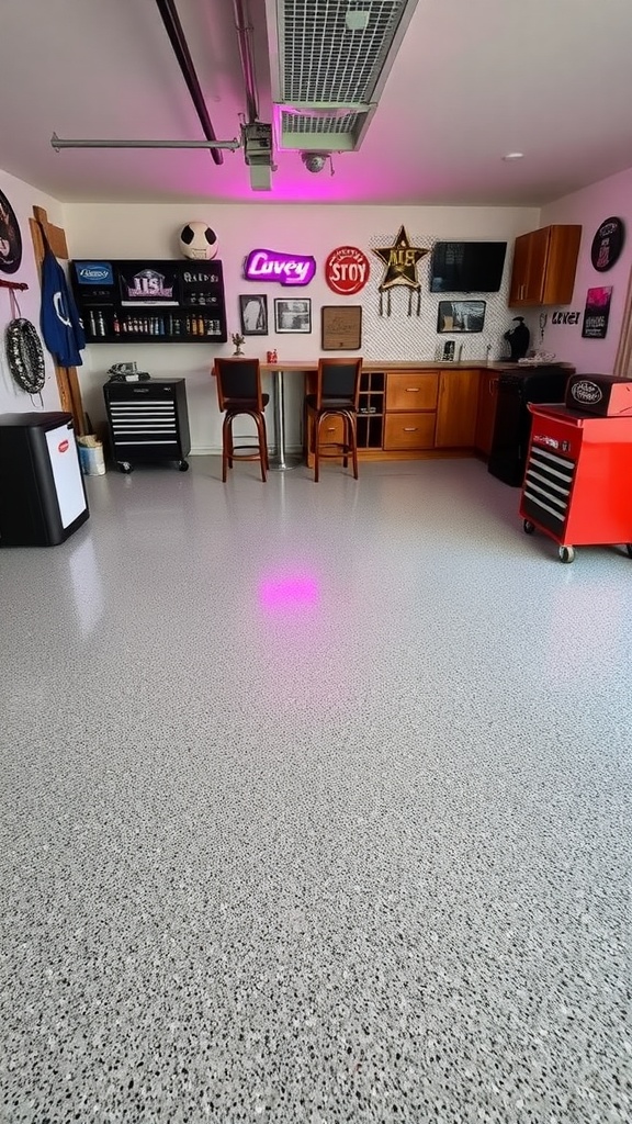A well-furnished garage bar with a sleek epoxy floor and colorful decor.