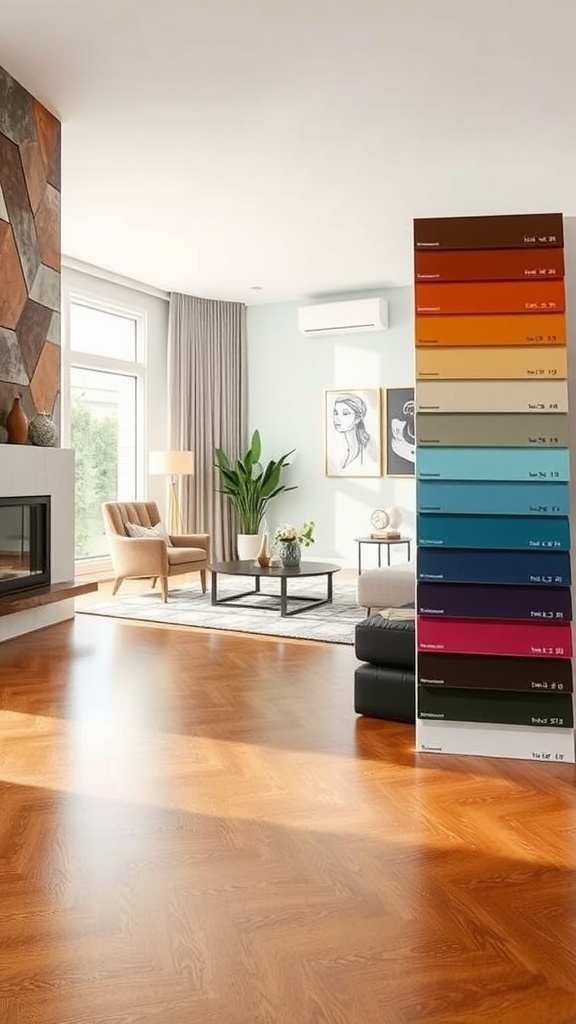 A brightly lit living room featuring an attractive wooden floor and a color palette for epoxy flooring options.
