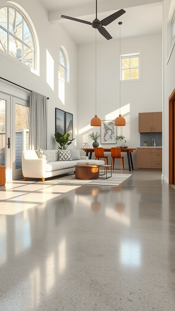 Modern interior with light-gray epoxy flooring, showcasing a bright and spacious living area.
