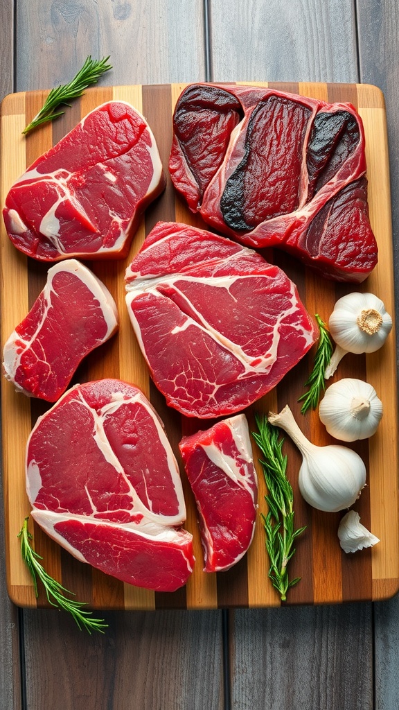 A selection of different cuts of raw steak on a wooden cutting board, with garlic and herbs