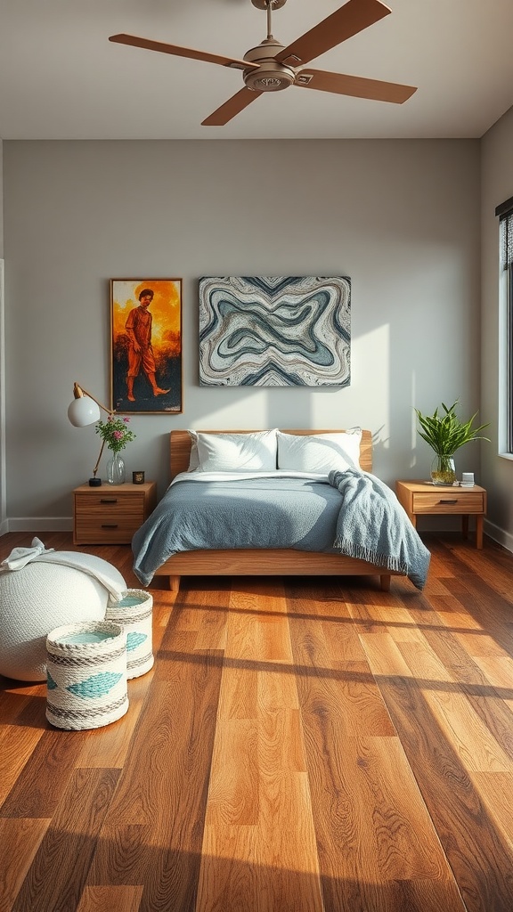 A modern bedroom featuring wooden floors, a bed with a blue blanket, and wall art