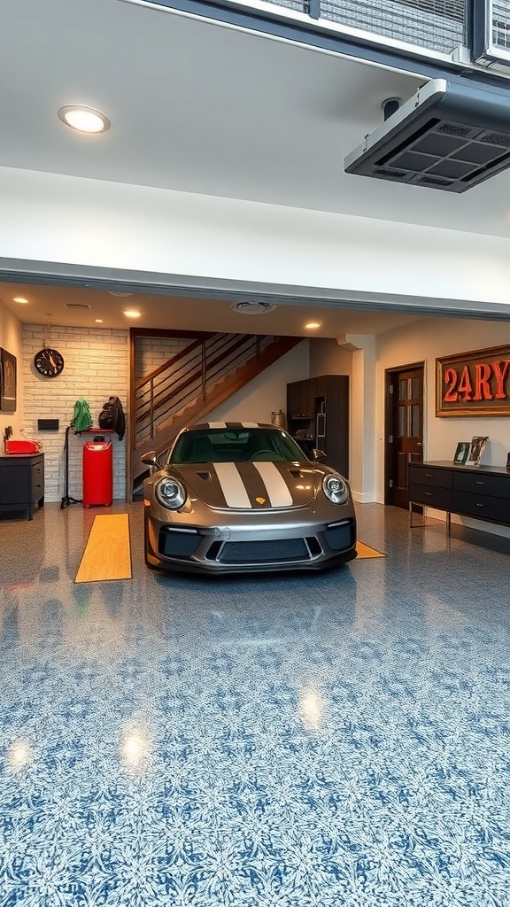 A workspace showcasing various epoxy floor coating color swatches and tools.
