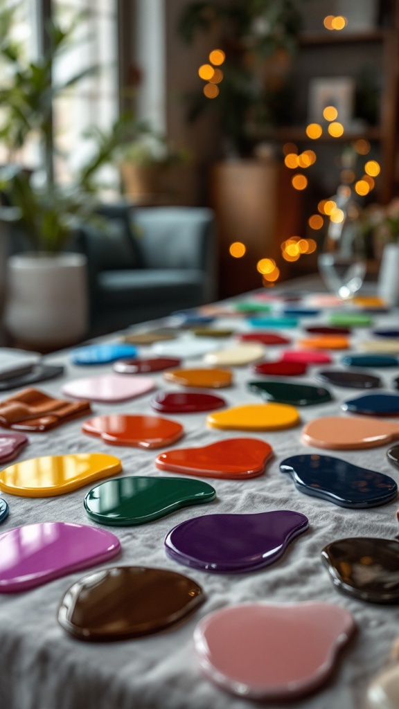 A variety of colorful epoxy samples displayed on a table.