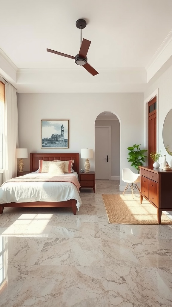 A minimalistic bedroom with natural light, featuring a bed, nightstand, and soft decorative elements.