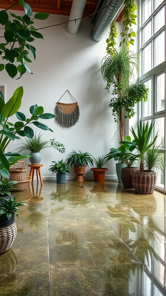 A modern living room featuring epoxy flooring in earthy tones with a stylish couch and decorative elements.