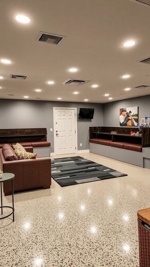 A display of various epoxy floor samples and moisture readings for basement flooring options.