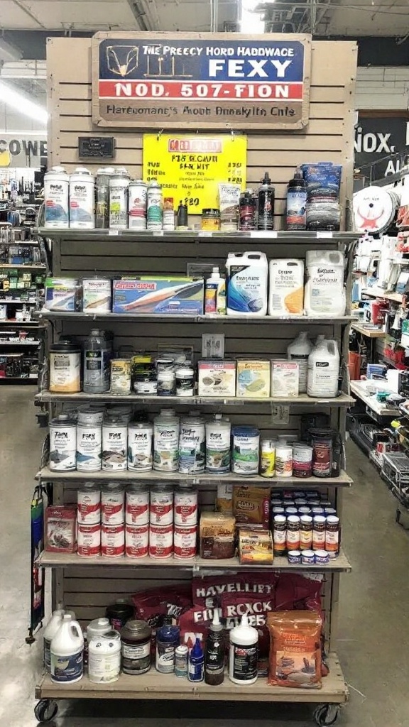 A display of various epoxy products organized on shelves in a hardware store.