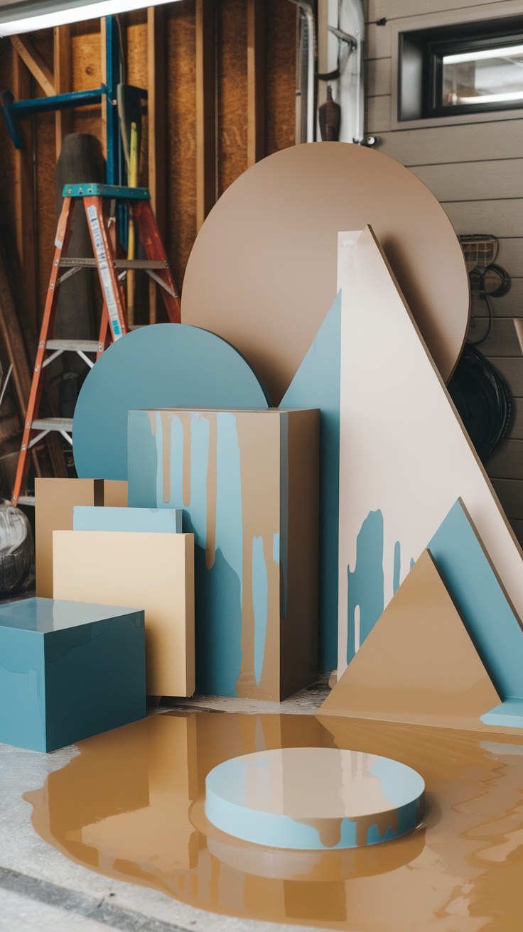 Colorful geometric shapes and paint spills in a garage setting.