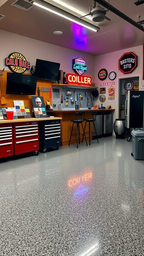 Garage bar with shiny epoxy floor, colorful signage, and workbench