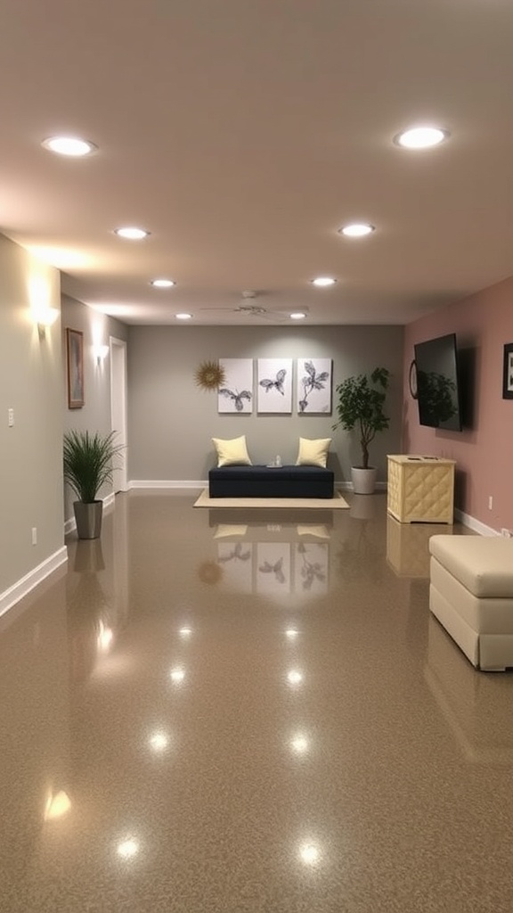 A split image of a basement showcasing two different epoxy floor designs: one side with polished concrete for a game room, and the other with sleek metallic epoxy.