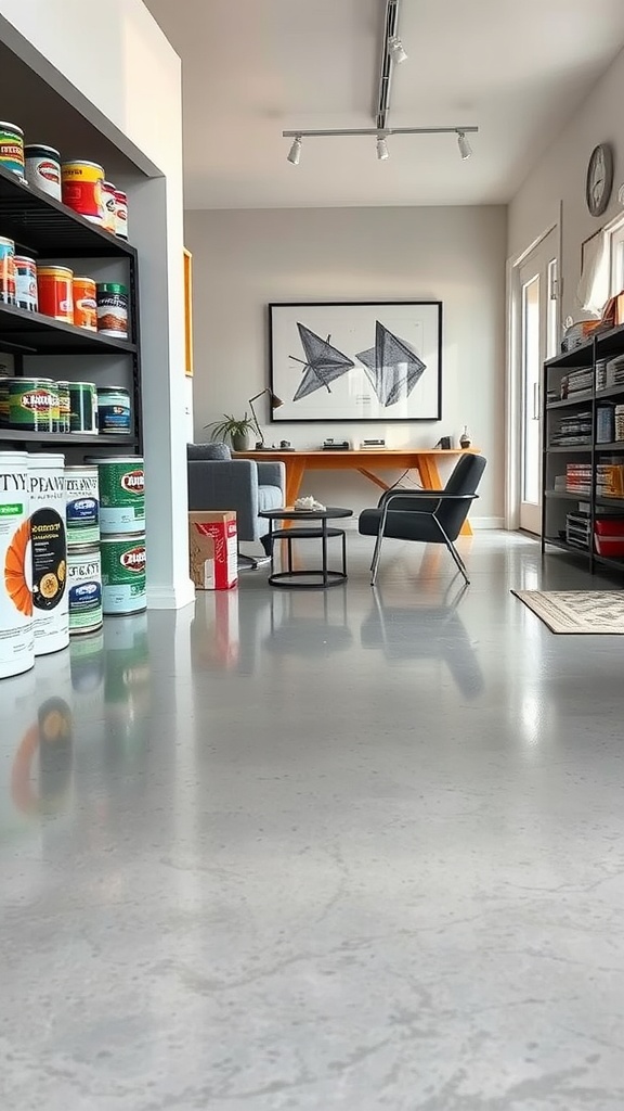 A modern interior featuring a gray epoxy floor, showcasing paint cans and a stylish workspace.
