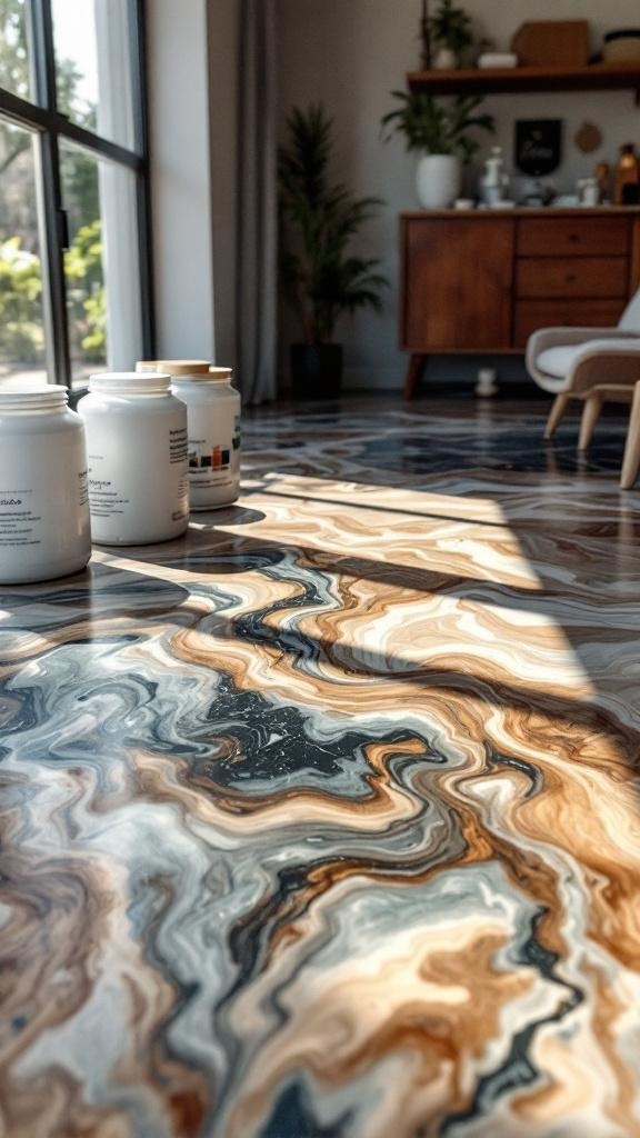 A beautifully stained epoxy floor with swirling patterns and jars of epoxy resin in a modern interior.