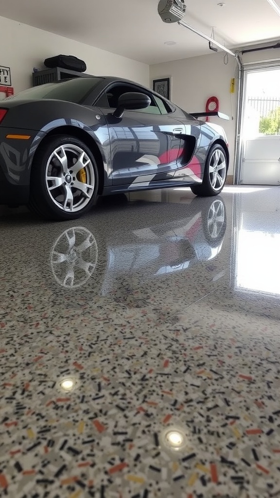 A modern garage with a speckled epoxy floor, featuring a black vehicle, tools, and ample lighting.