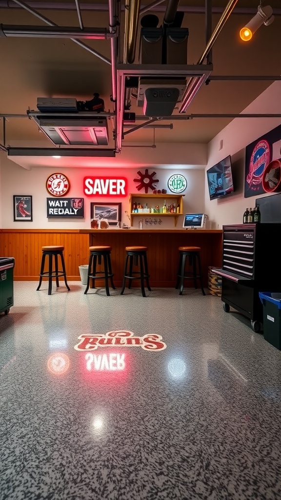 A stylish garage bar featuring a sleek epoxy floor, bar stools, and vibrant lights.