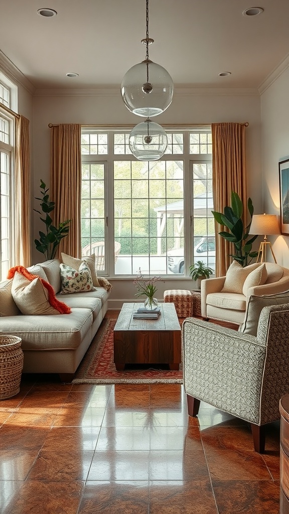 Cozy living room featuring an epoxy floor with comfortable furniture and natural light.