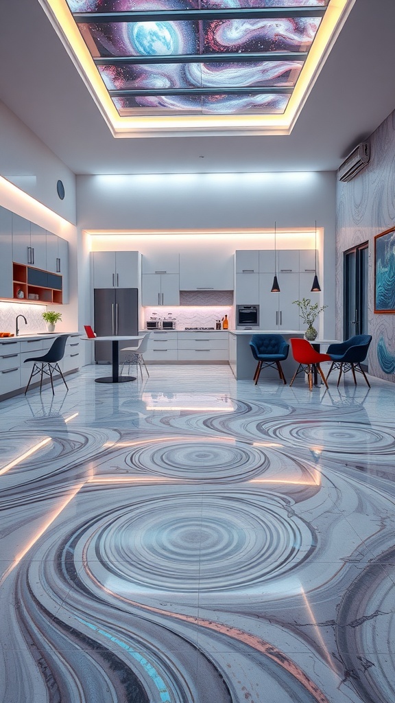 A modern kitchen with swirling galaxy-themed epoxy flooring and sleek white cabinetry.