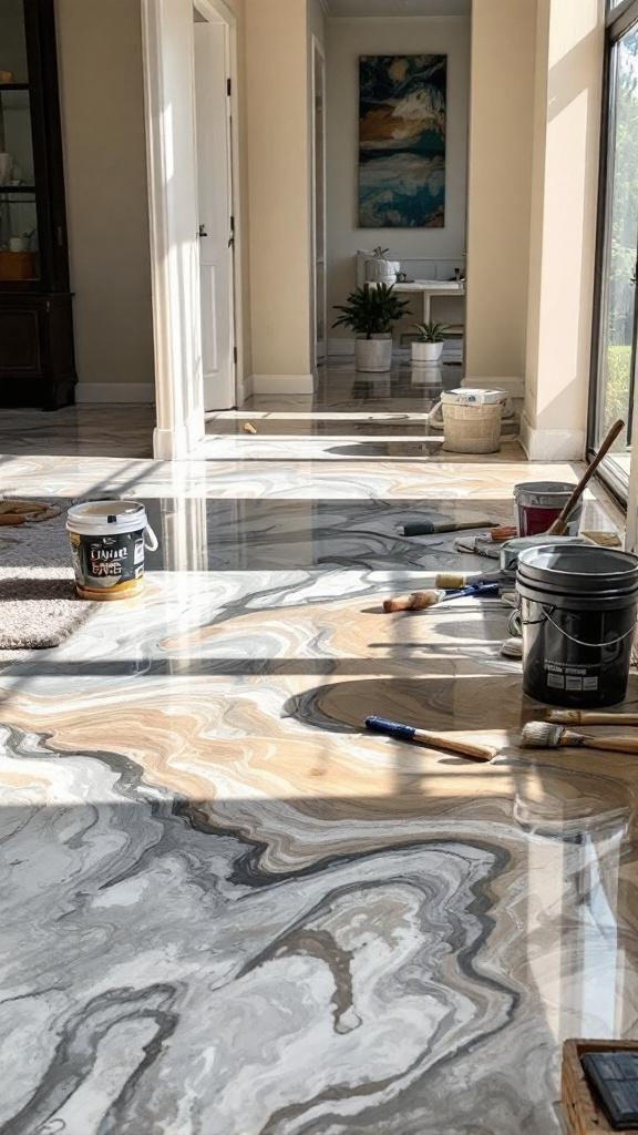 A beautifully stained epoxy floor with tools and materials for application.