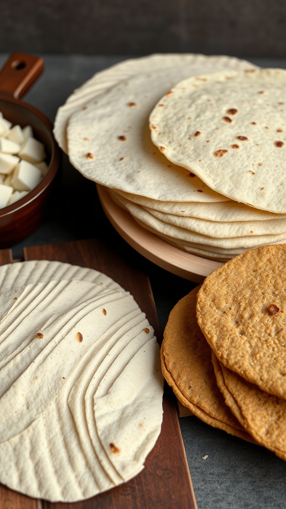 A variety of tortillas arranged on a table with a bowl of cheese cubes.