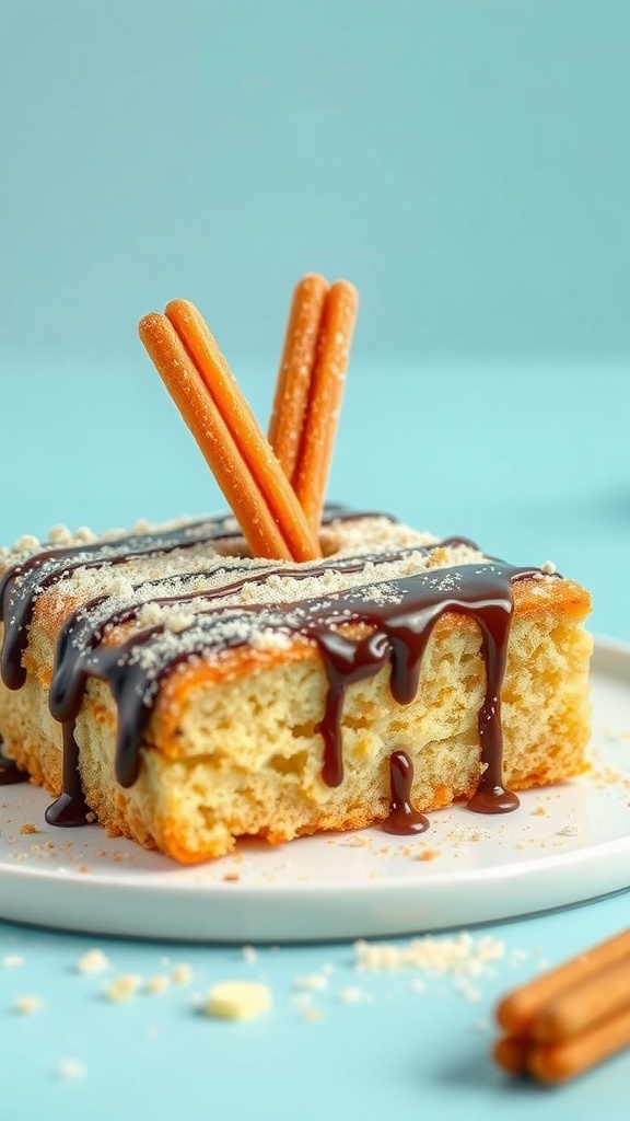 A delicious churro cake topped with chocolate sauce and churro sticks.