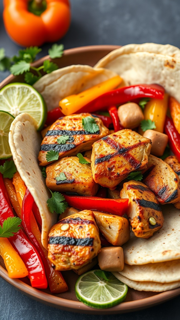 A plate of cilantro lime grilled chicken fajitas with colorful bell peppers and warm tortillas.
