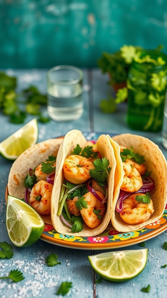 Three cilantro lime shrimp tacos with avocado and cabbage on a colorful plate.