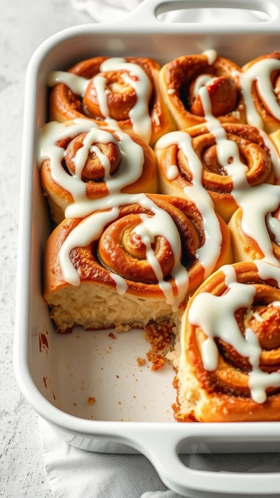 A delicious cinnamon roll casserole topped with icing.