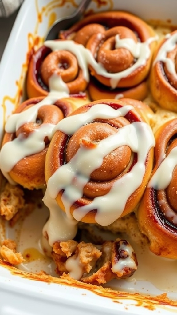 A delicious cinnamon roll casserole with frosting drizzled on top.