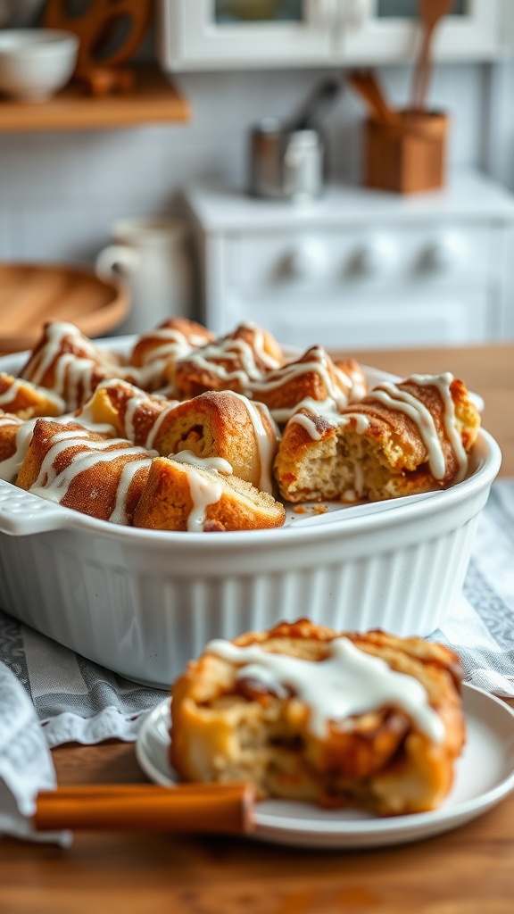 A delicious serving of cinnamon roll overnight french toast drizzled with icing, with additional pieces in a dish.