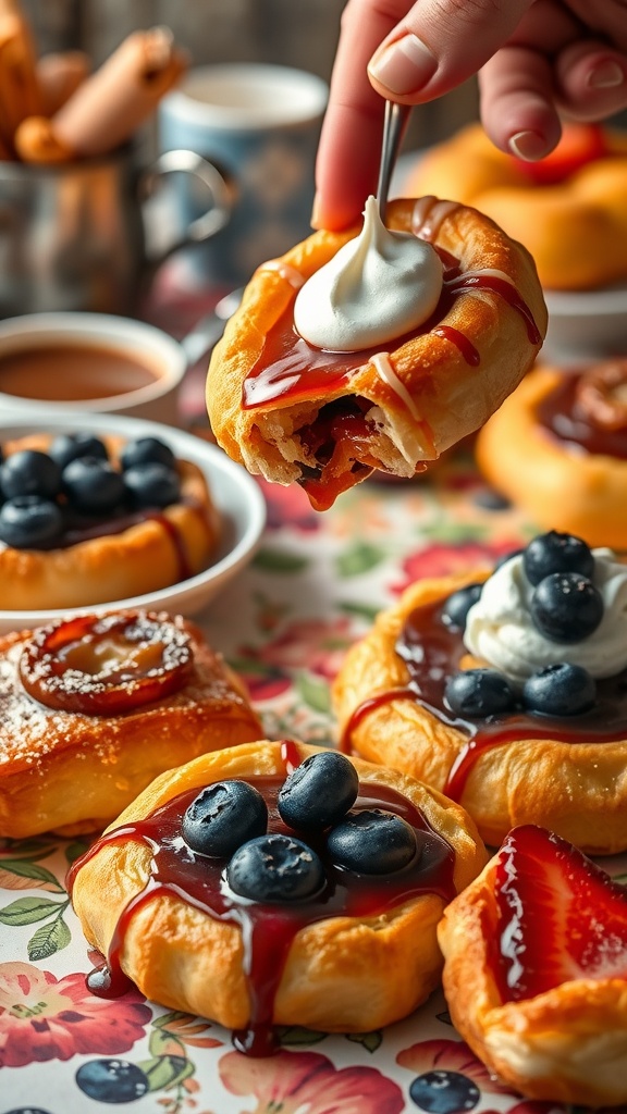 Cinnamon roll puff pastry with icing and fruit toppings.