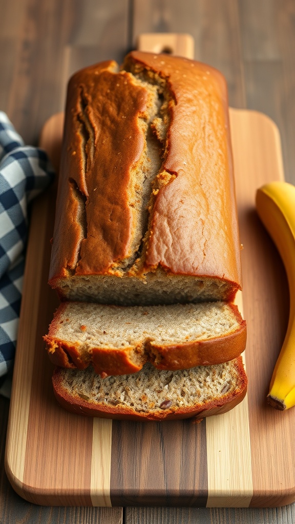A freshly baked loaf of banana bread with slices cut, sitting on a wooden cutting board beside a banana.