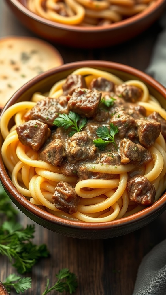 A bowl of beef stroganoff served over egg noodles, garnished with parsley.