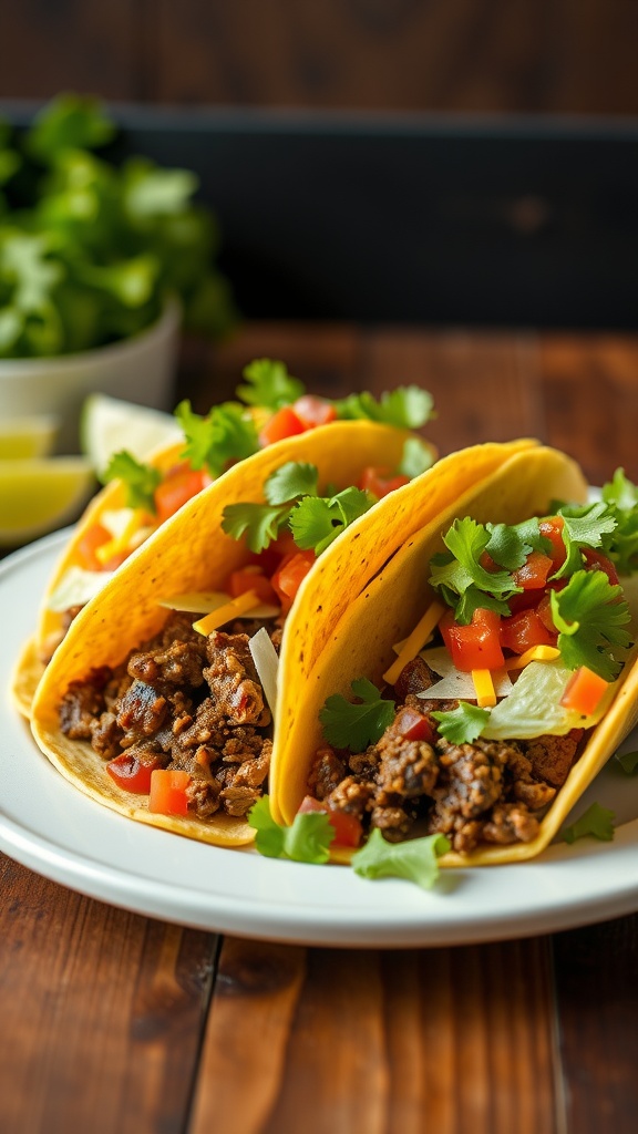Delicious classic beef tacos topped with fresh ingredients