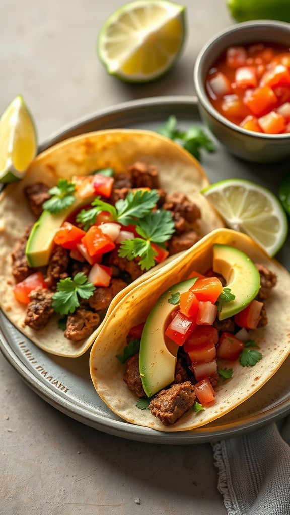 Two classic beef tacos with fresh salsa and lime wedges
