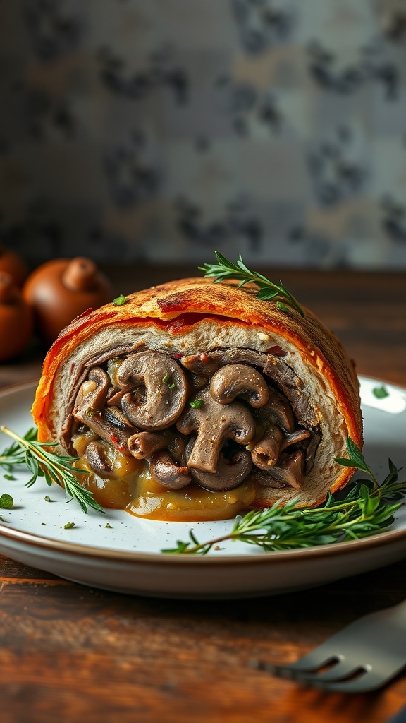 A beautifully plated Beef Wellington with a golden pastry crust and rich mushroom filling.