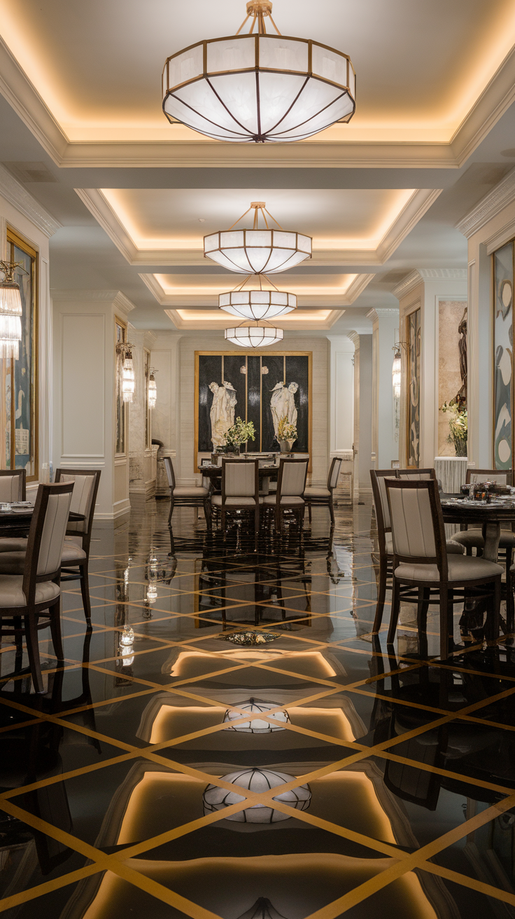 A luxurious dining area with a black and gold epoxy floor, featuring elegant lighting and stylish furniture.