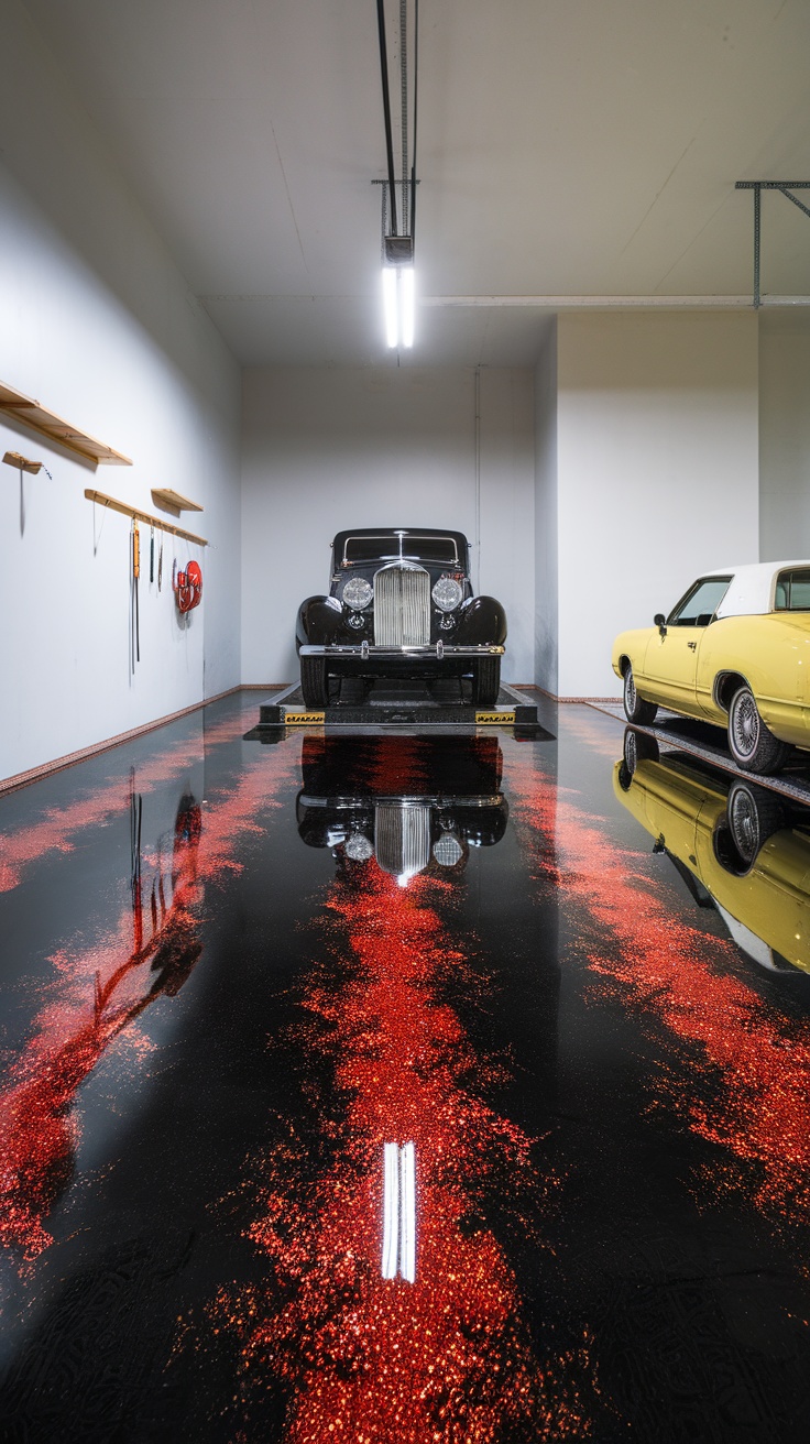 A garage with a black epoxy floor featuring red flakes, showcasing a classic car in the center.