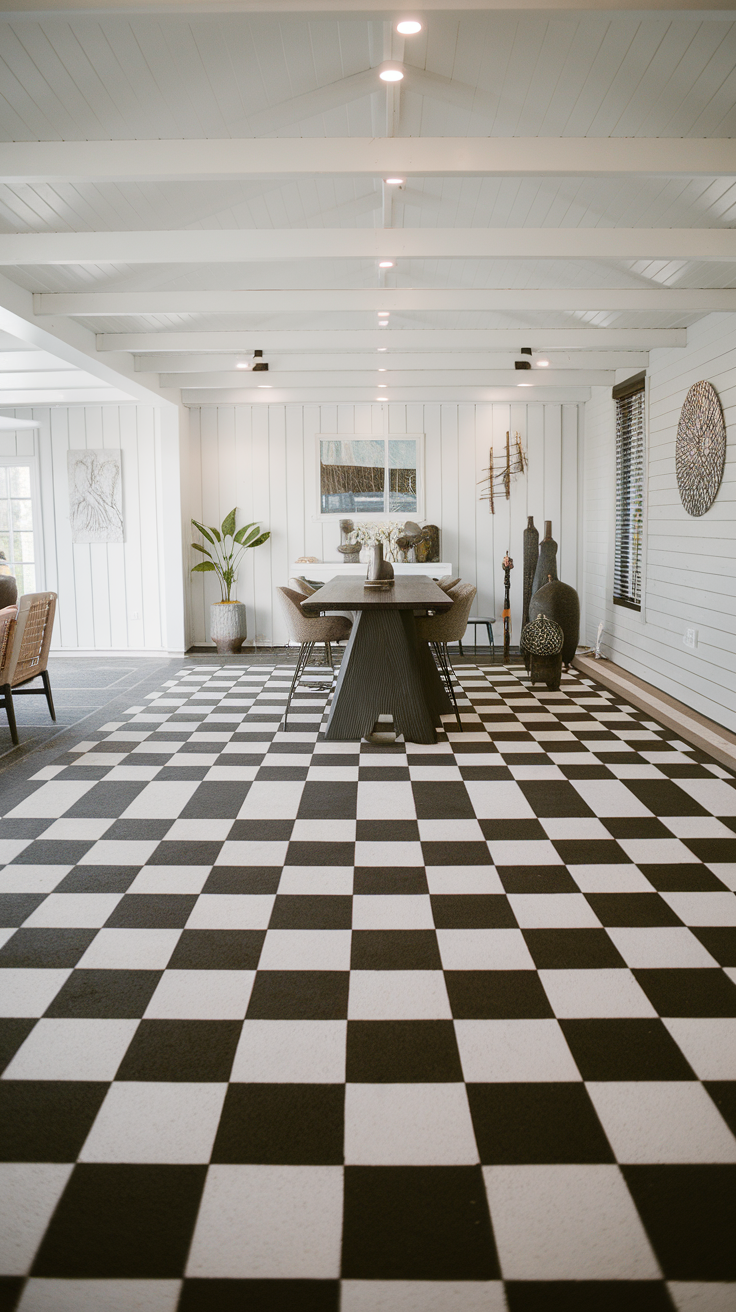 A black and white checkered epoxy floor in a barndominium with plants and a dining table.