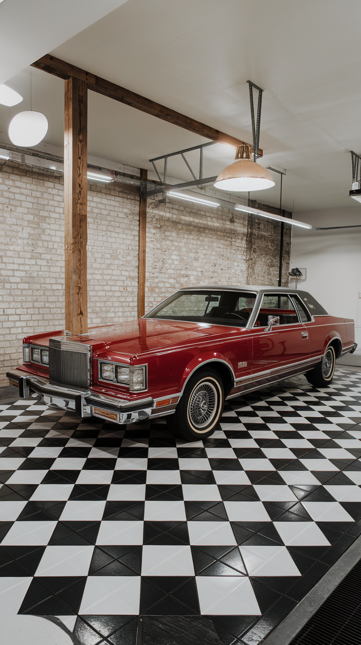 A classic black and white checkered floor with a vintage red car displayed.