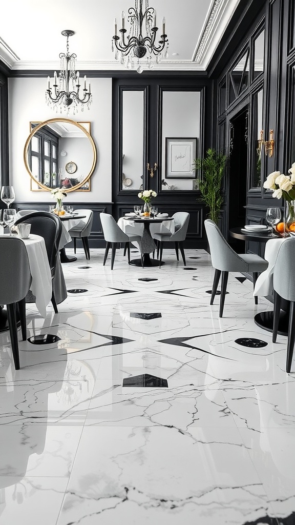 A modern space featuring black and white epoxy floors with bold patterns and a car parked in the garage.