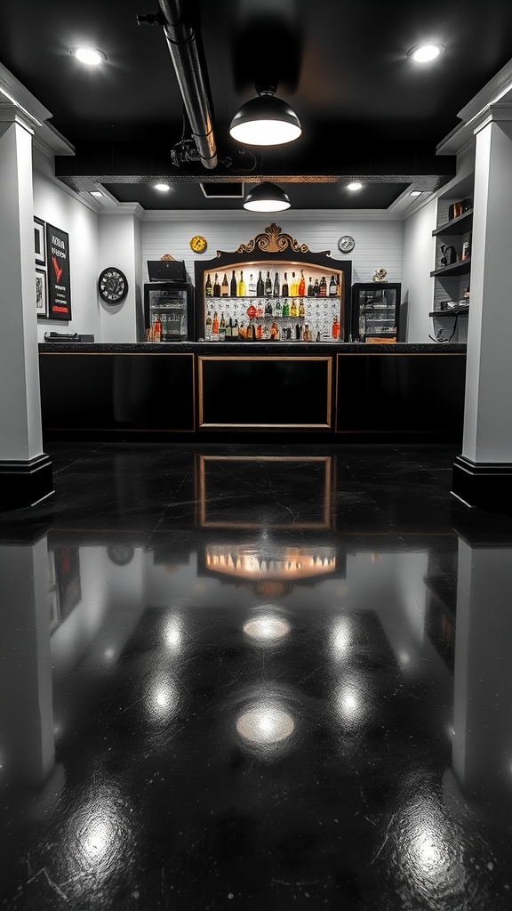 Classic black and white epoxy floor in a stylish basement bar