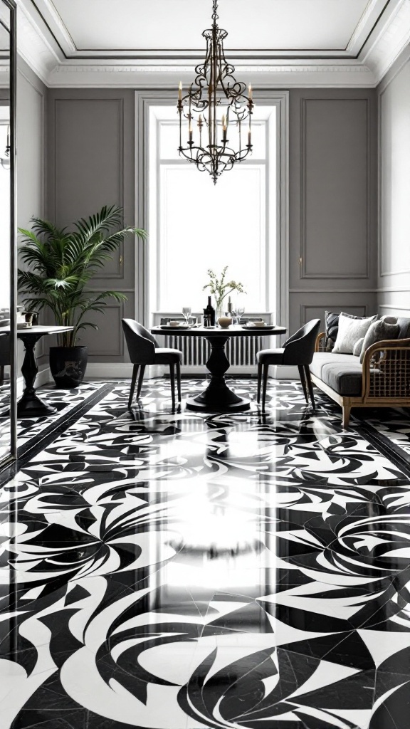 A stylish room featuring a black and white epoxy floor design with intricate patterns and a modern chandelier.